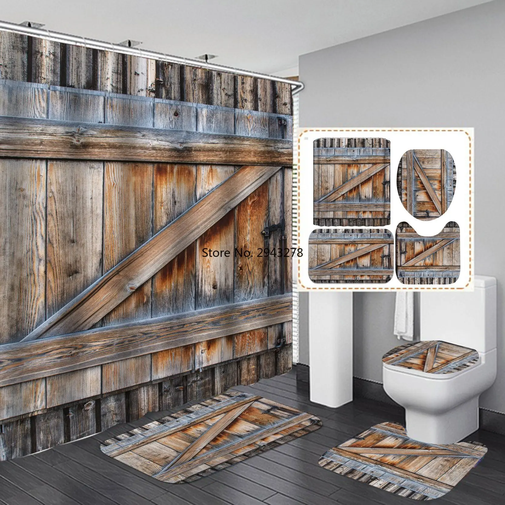 

3D Vintage Wood Door Printed Curtain Waterproof Shower Curtains Polyester Washable For Home Decoration Curtain with Hook