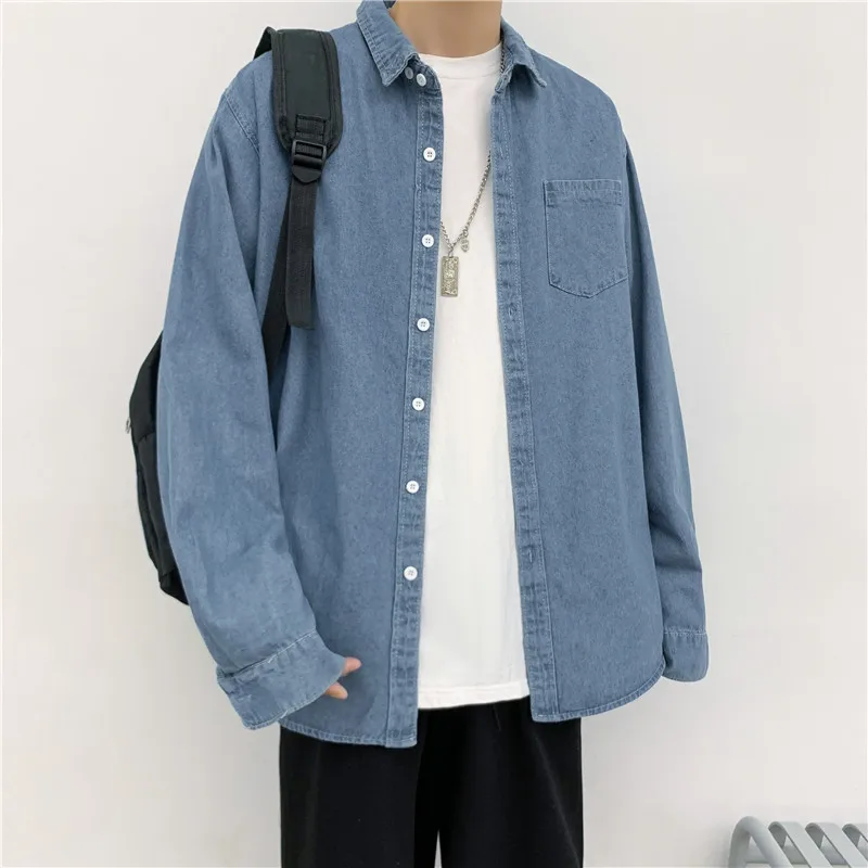 

Young Men Students Harajuku Fashion Casual Demin Shirt Coat Handsome Loose Long Sleeve Jacket Outwear