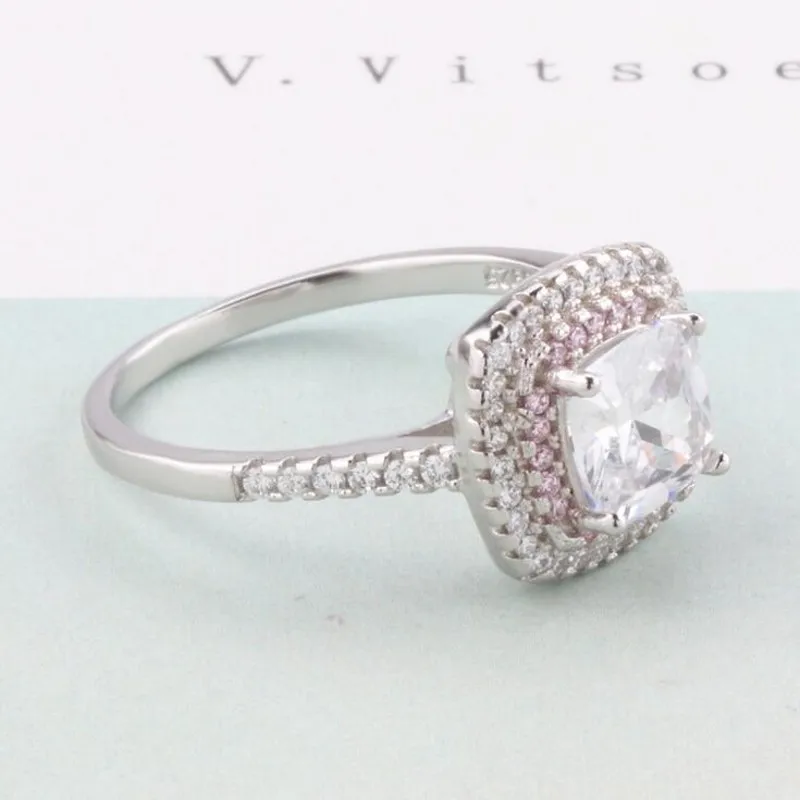 Size 4-10 Deluxe Jewelry Real 925 Sterling Silver Round Cut White&ampPink 5A Cubic Zirconia Pave CZ Party Promise Wedding Ring Set |