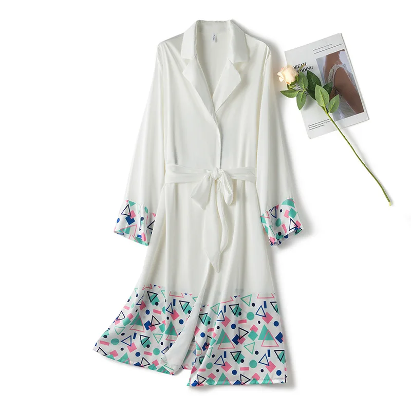 

Print Geometry Lady Japanese Kimono Summer Sweet Bride Dressing Gown Full Sleeve Rayon Bathrobe Robe One Size Casual Home Dress