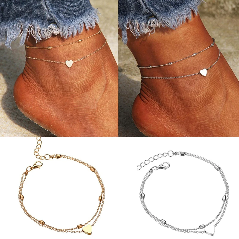 

2021 Women Anklets Simple Heart Barefoot Crochet Sandals Foot Jewelry Two Layer Summer Beach Foot Legs Bracelet Anklets