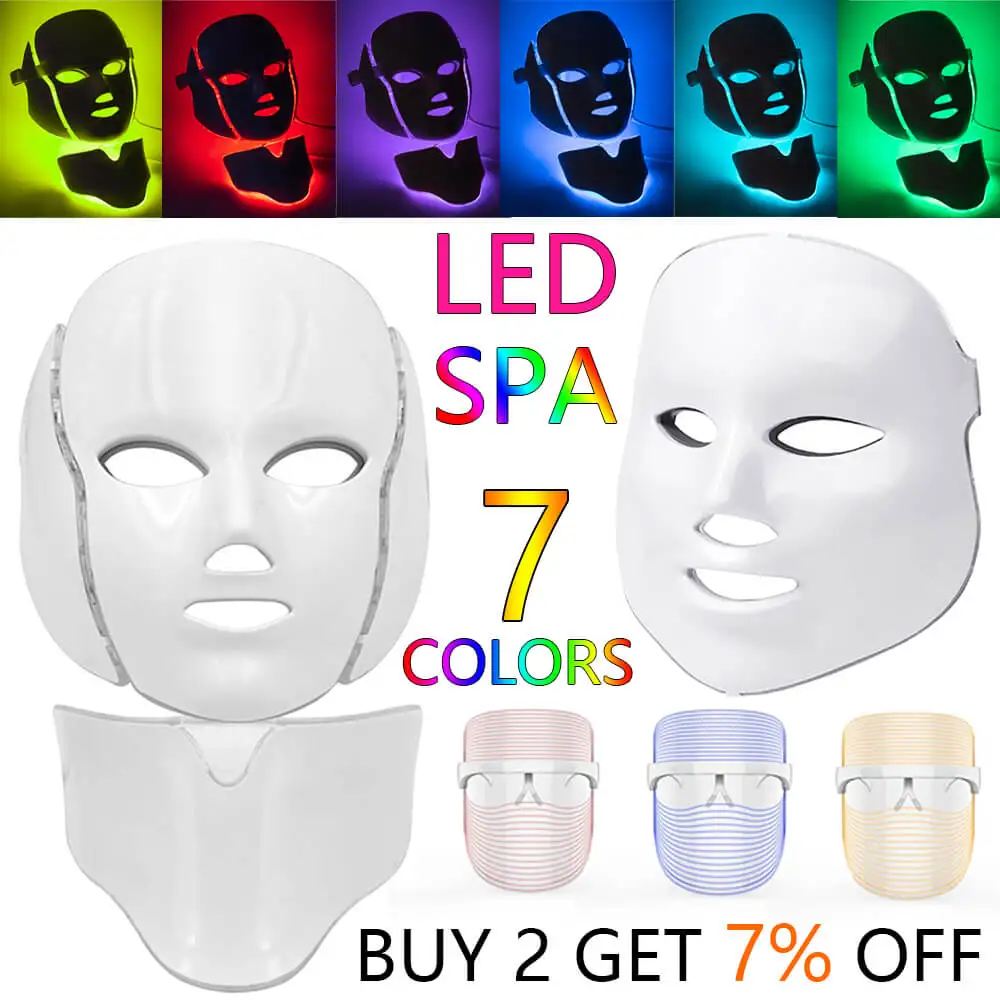 7 Colors LED Light Facial Mask Neck Skin Microcurrent Care Photon Treatment SPA Beauty Tighten Device Anti Wrinkle Acne Therapy | Красота и