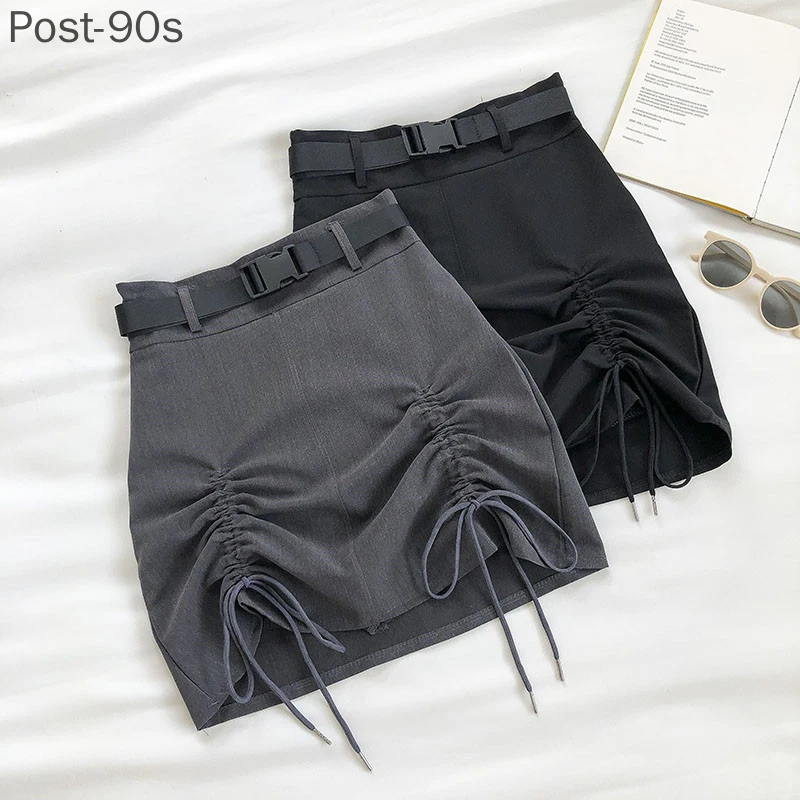 

Summer Women A-line Skirt Korean Empire Solid Office Lady Cute Above Knee A-Line High Waist Mini Skirts Drawstring Belt 2021