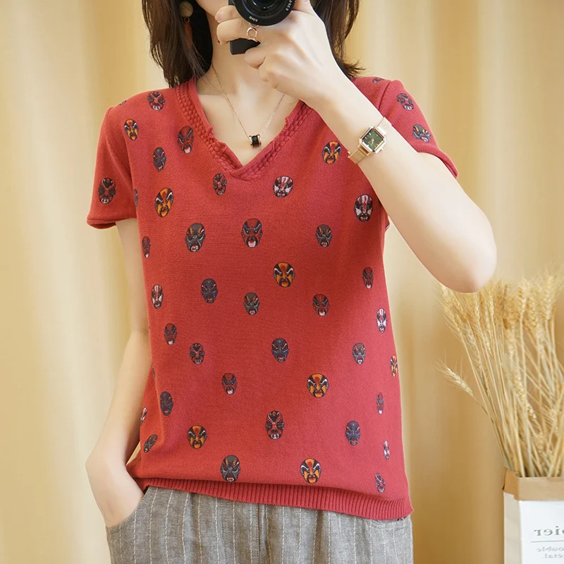 

Summer knitted short sleeve top new V-neck national style cotton hemp T-shirt loose fashion face print women's wear YUHANRONG