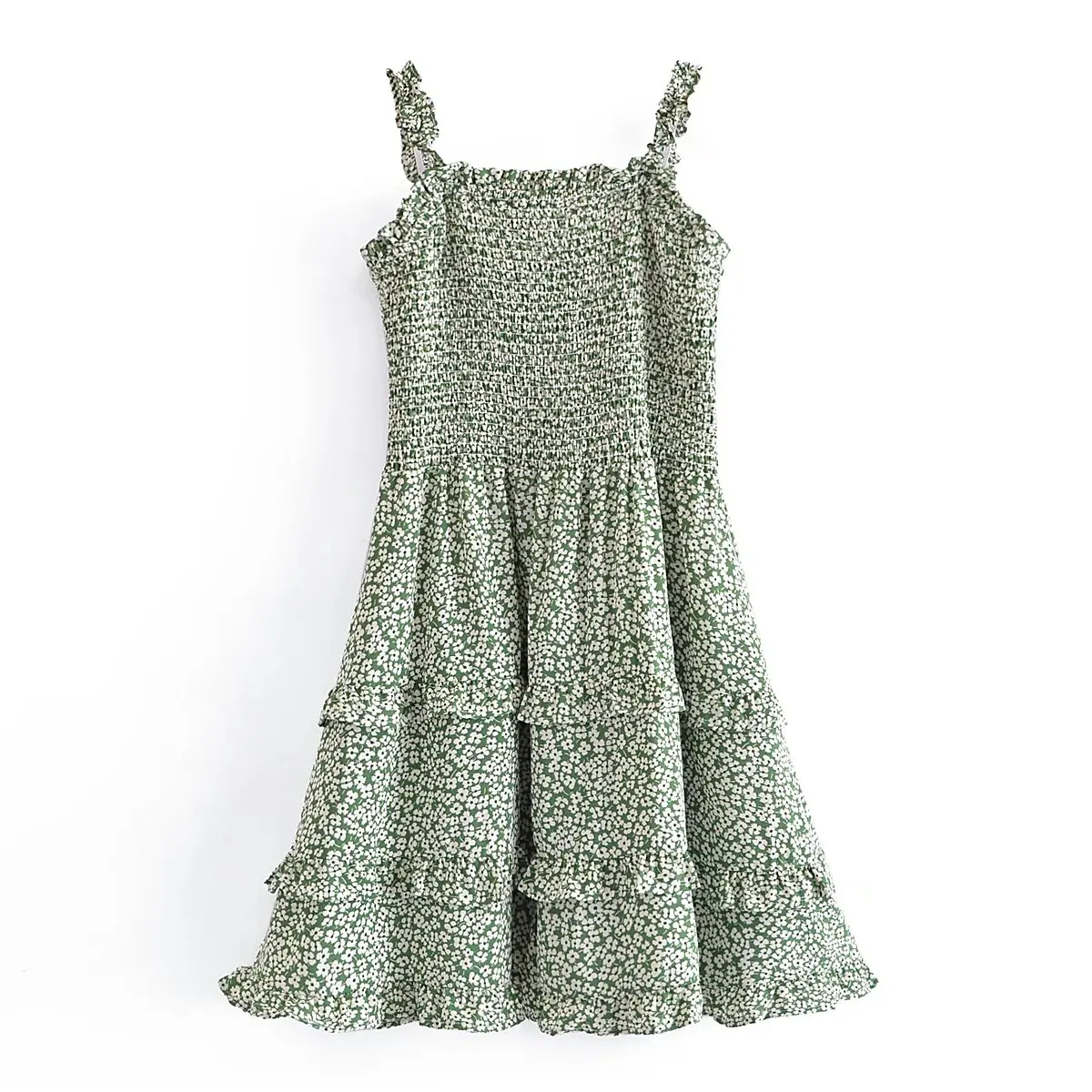 

Женское летнее платье с оборками, зеленые Платья с цветочным принтом, женское повседневное пляжное платье, 2022