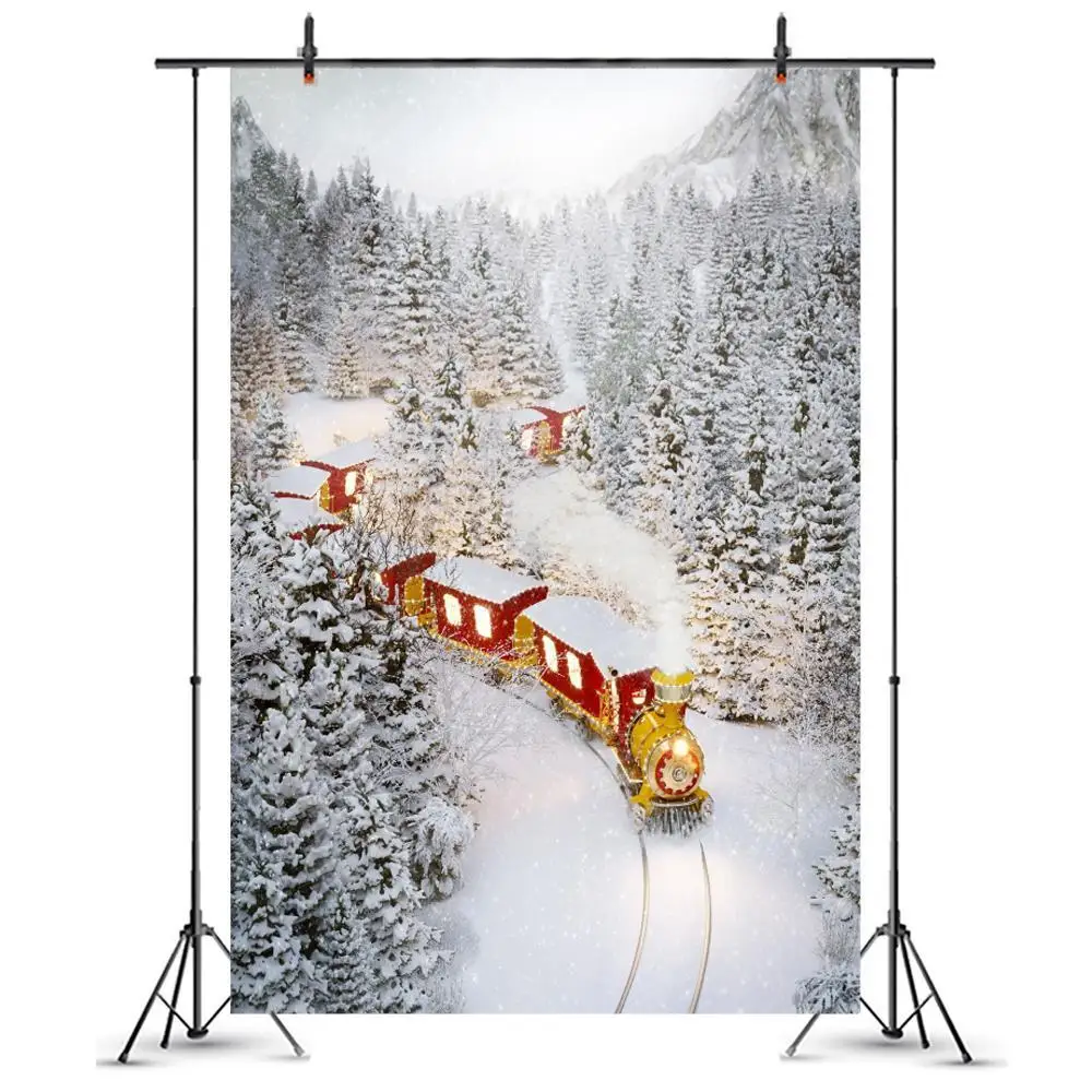 

Фон для фотосъемки с изображением природного пейзажа зимнего леса сосны дерева снега гор поезда Рождества фон для фотосъемки в фотостудии