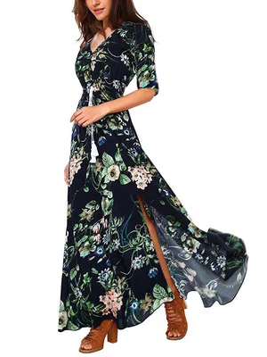 

Female Bohemian Retro Floral Print Dress Bohemian Holiday Sexy V Neck Loose Long Dress Summer Beach Party Dresses Women Clothes