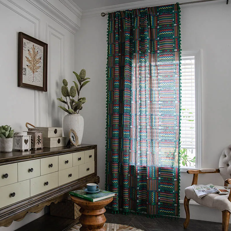 Занавес-волна в американском стиле синего и зеленого цвета хлопковая льняная