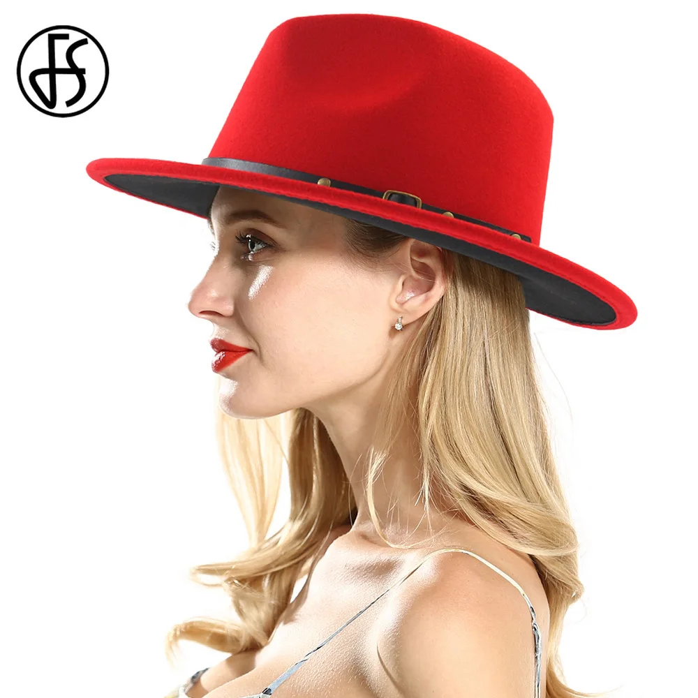 

FS Black Red Patchwork Wool Felt Jazz Fedora Hats With Belt Buckle Men Women Wide Brim Panama Party Trilby Bowler Cowboy Cap