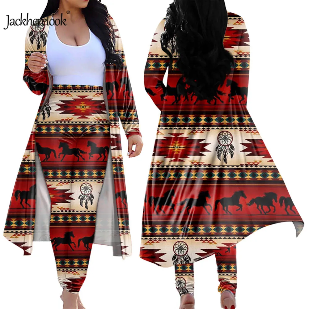 

Jackherelook 2 шт. винтажный наряд для женщин Tucson лошадь полосатый терракотовый принт кардиган тренчкот облегающие длинные брюки 2021