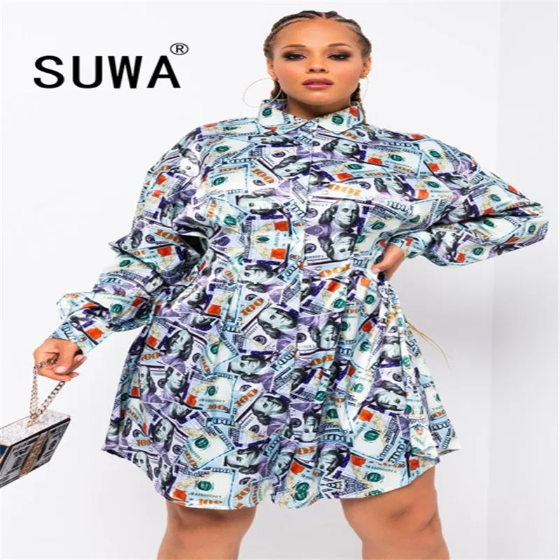 

US Money Dollar Print Vintage Shirt Dresses Woman Turn Down Collar Long Sleeve Blouse Dress Office Buttons Up Pleated Midi Dress