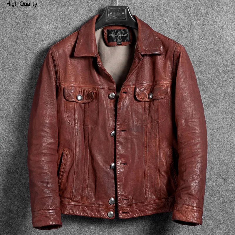 Мужская винтажная приталенная куртка из натуральной кожи короткая красная