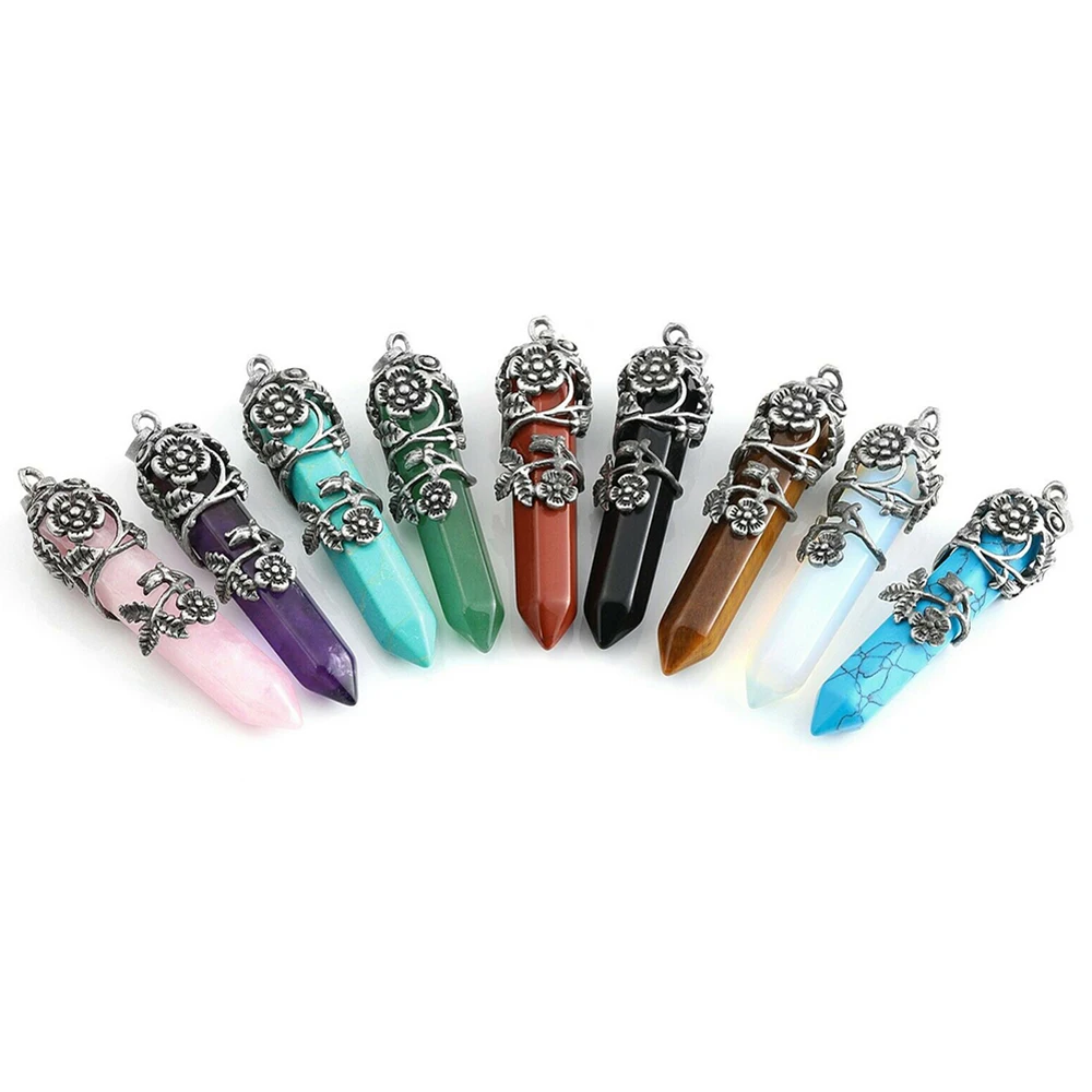 

Natural Hexagonal Pendant Crystal Rose Quartz Gemstone Antique Silver Flower Big Size Reiki Amethyst Stone Pendant for Necklaces