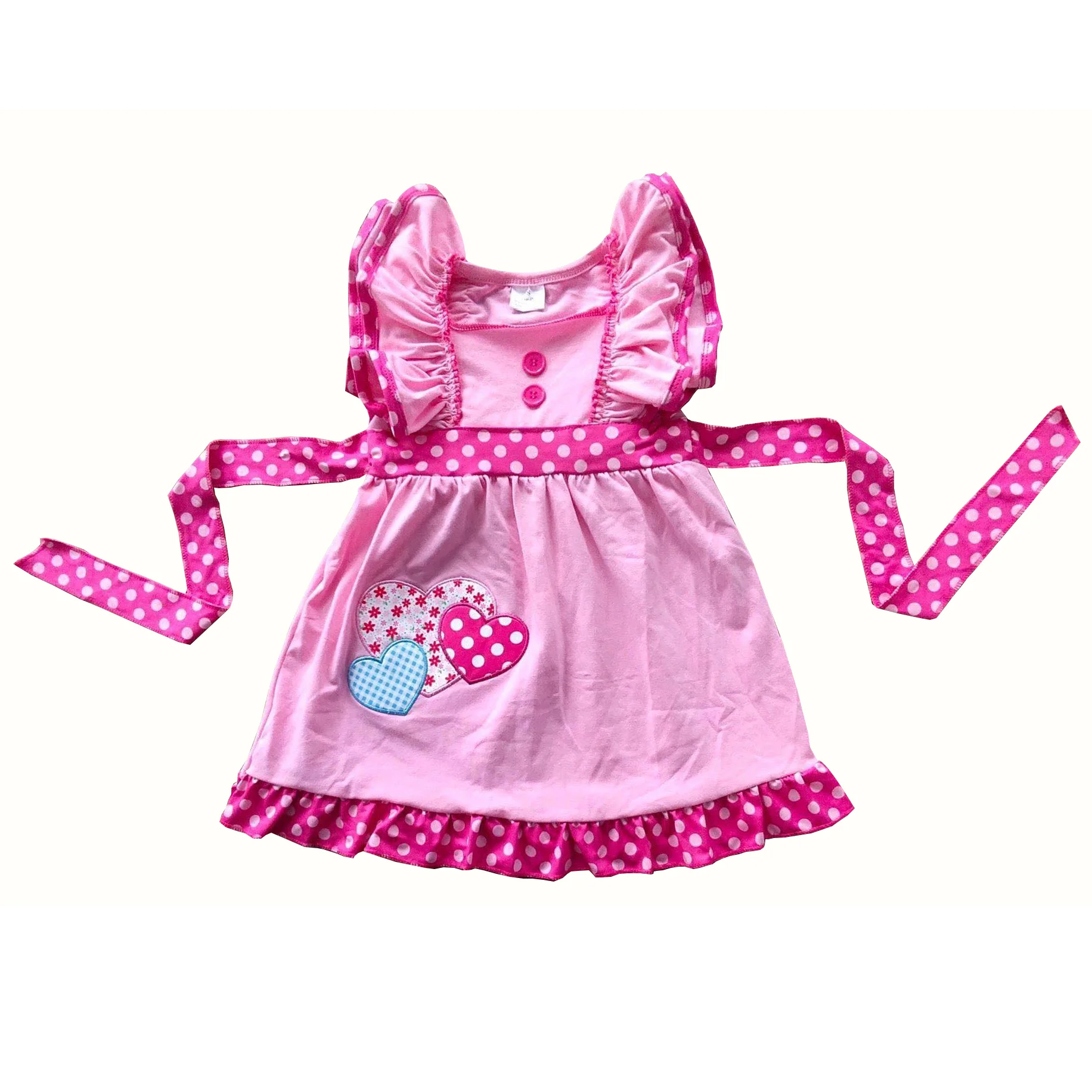 Spring Baby Girl Sleeveless Pink Cotton Dress with Applique Hearts Polka Ruffles Kids Boutique Clothing Wholesale