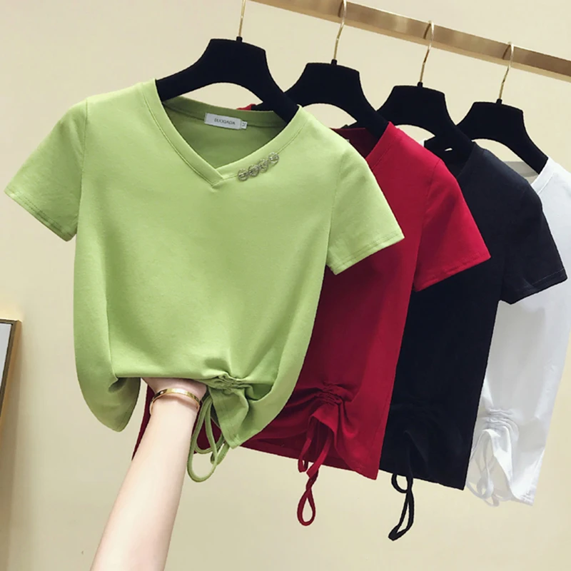 

V-Neck Button T-Shirt Drawstring T Shirt Women Clothes 2020 Short Sleeve Summer Tops Cotton Korean Tshirt Female Vetement Femme