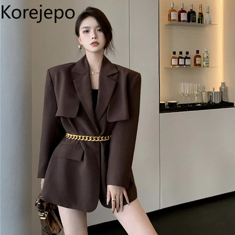 

Женский блейзер кореjepo, Новинка осени 2021, корейский шикарный однотонный пиджак в стиле ретро с отложным воротником и длинными рукавами, Жен...