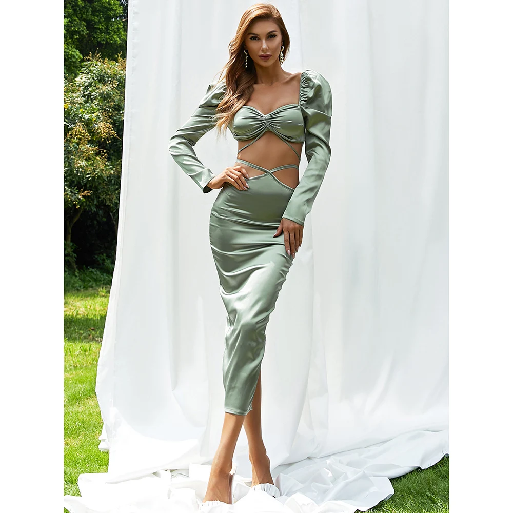 

2021 Green White Sexy Hollow Out Satin Women Casual Slim Long Sleeve Party Dress Lace Up Vintage Femme Vestidos De Festa BH7184