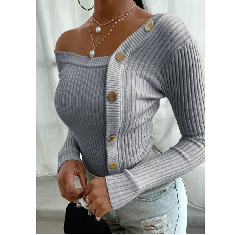 

Fashion Button Off Shoulder Knitted Sweater Women Jumper Autumn Winter Strapless Pullover Long Sleeve Knitwear Female