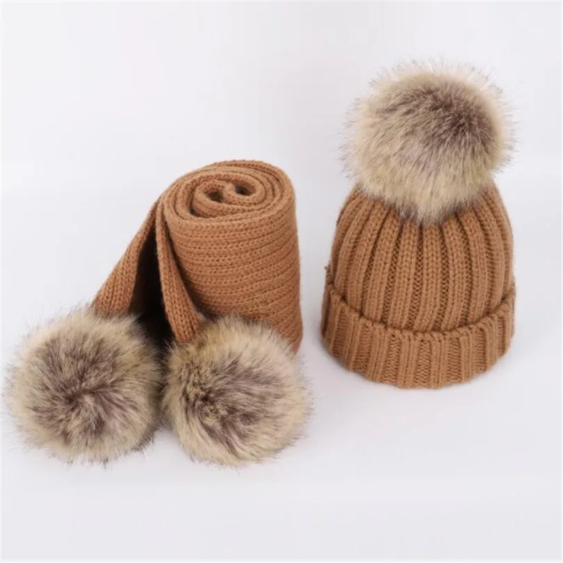 

Knitted Kids Hat And Scarf Set 2Pcs/Set Winter Children Beanie Caps Thick Fur Pompom Toddler Baby Girls Boys Hats Scarves 2-7Y