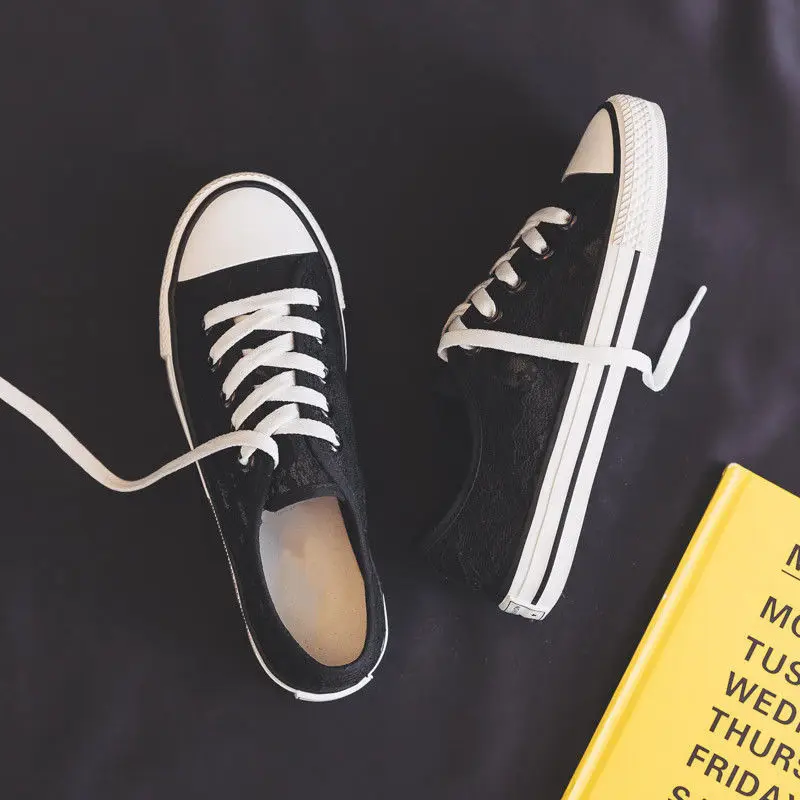 

Mesh Embroidered White Canvas Shoes Summer Breathable Low-cut Women Vulcanized Shoes New Ladies Casual Outdoor Lace-up Sneakers