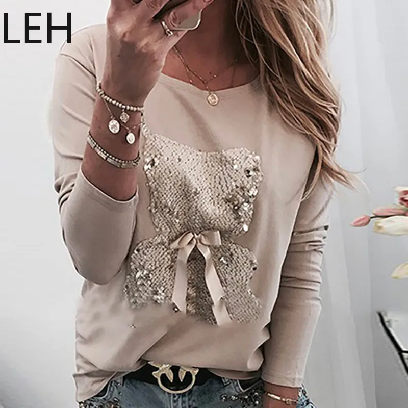 LEH японская женская футболка с длинным рукавом футболки рисунком медведя