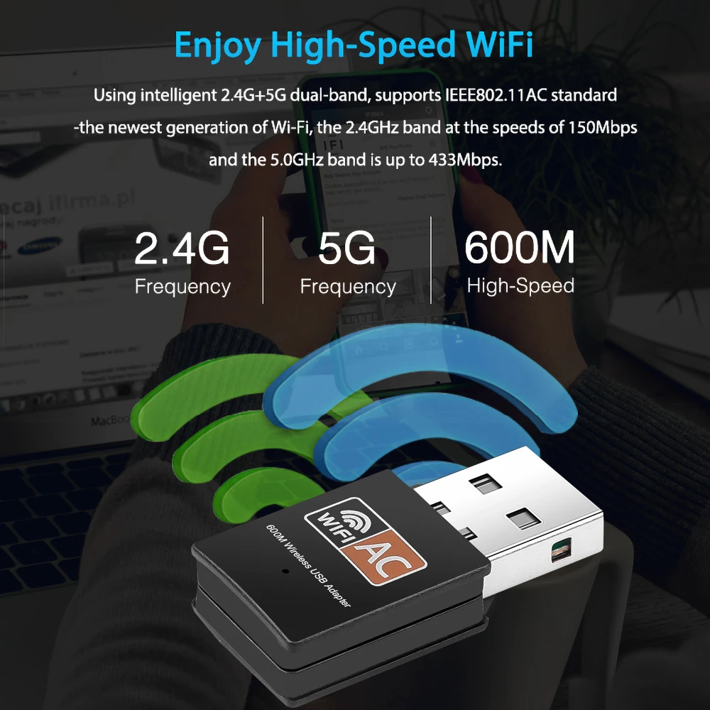 

Kebidu 5GHz 600Mbps USB Wifi Adapter Network Card Wireless 2.4G + 5G Dual Band Wifi Receiver Dongle For Windows XP/Vista/7/8/10