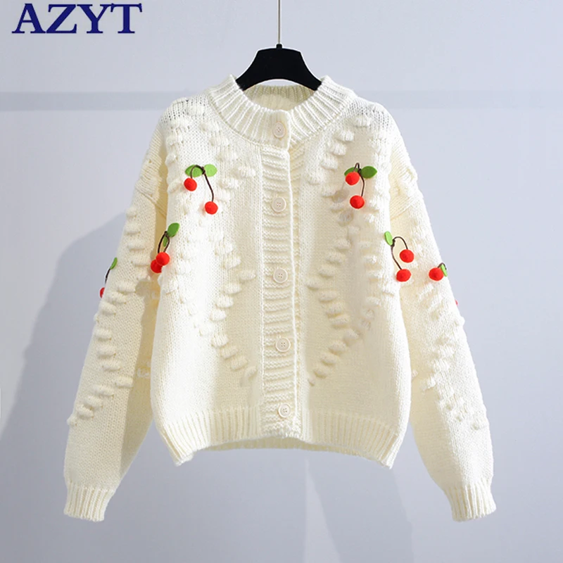 

AZYT 2022 Spring Autumn New Cherry Sweater Cardigan Korean Loose O Neck Knitwear Pull Femme Casual Sweater Coat For Women