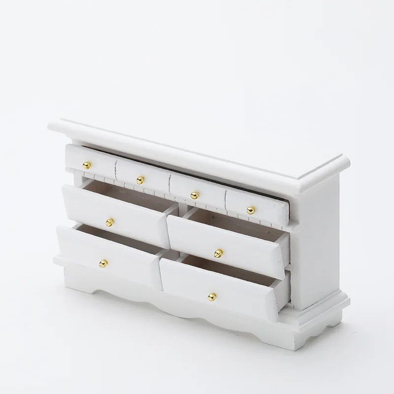 

1:12 Child Room Mini Furniture Decoration Pure White European-style Bedroom Side Cabinet with Open Drawer Dresser Christmas Gift