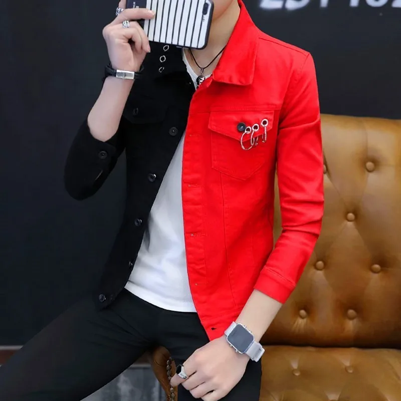 Spring Autumn Personality Mixed Colors Male Denim Jackets Fashion Long Sleeve Punk Style Night Show Wear Slim Casual Mens Coats | Мужская