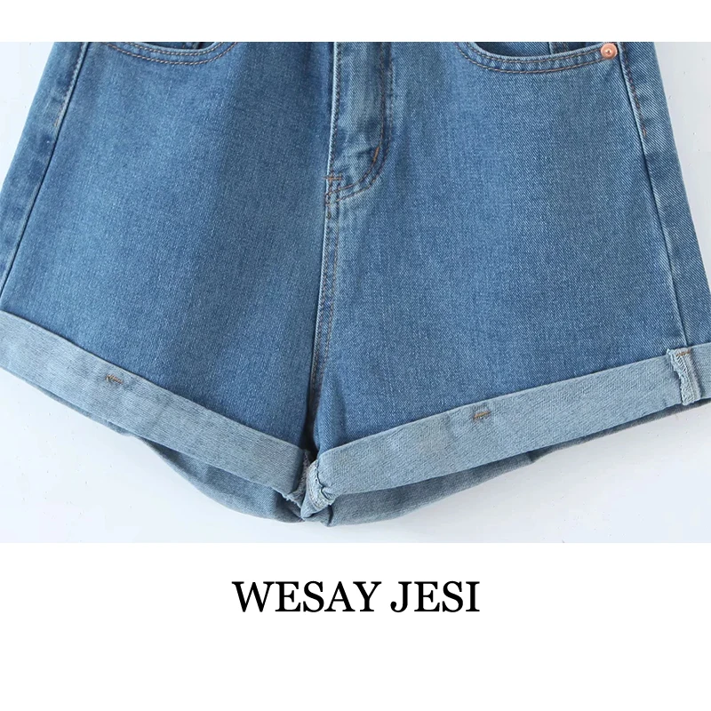 

TRAF ZAR Fashion 2021 Summer Women's Denim Shorts High Waist Slim Fit Casual Jeans Pockets Straight Hot Shorts Streetwear