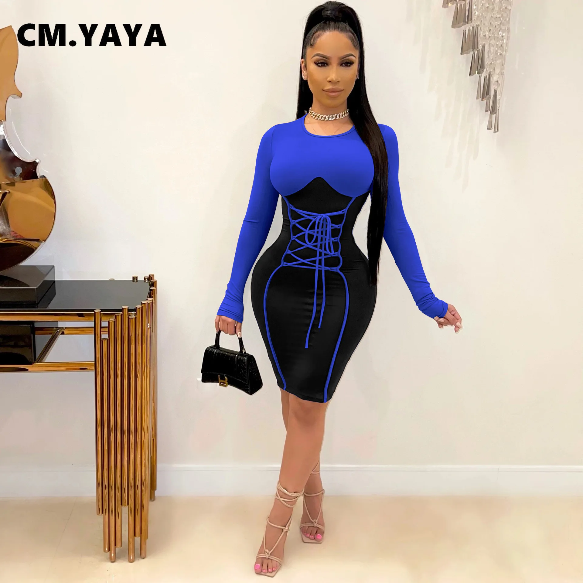 Женская туника со шнуровкой CM.YAYA с длинным рукавом и высокой талией лоскутное