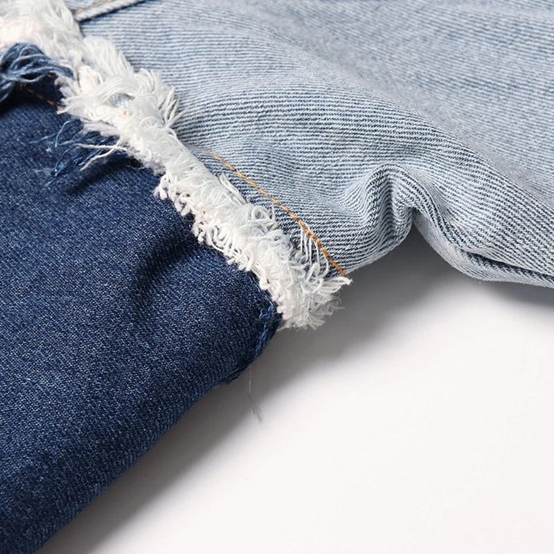 

Women Summer Sexy Sleeveless V-Neck Zip Front Denim Mini Dress Contrast Color Layered Pleated Asymmetrical Tassel Hem A-Line Tun