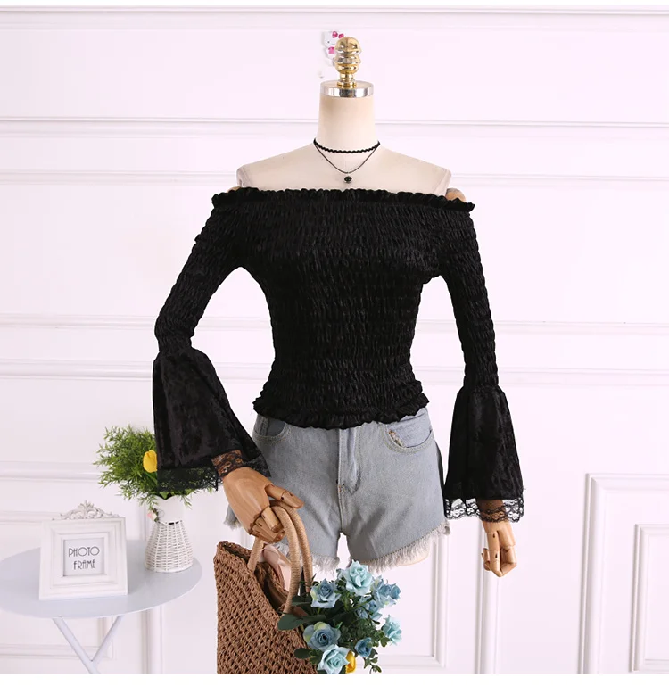 Женская велюровая футболка с открытыми плечами короткая бархатная длинным