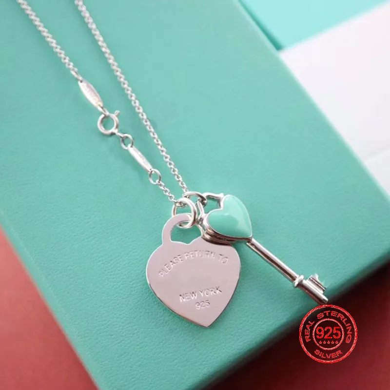 

925 Sterling Silver Sweater Necklace Enamel Love Heart-shaped Key Pendant Jewelry Korean Fashion Clavicle Chain Birthday Gift