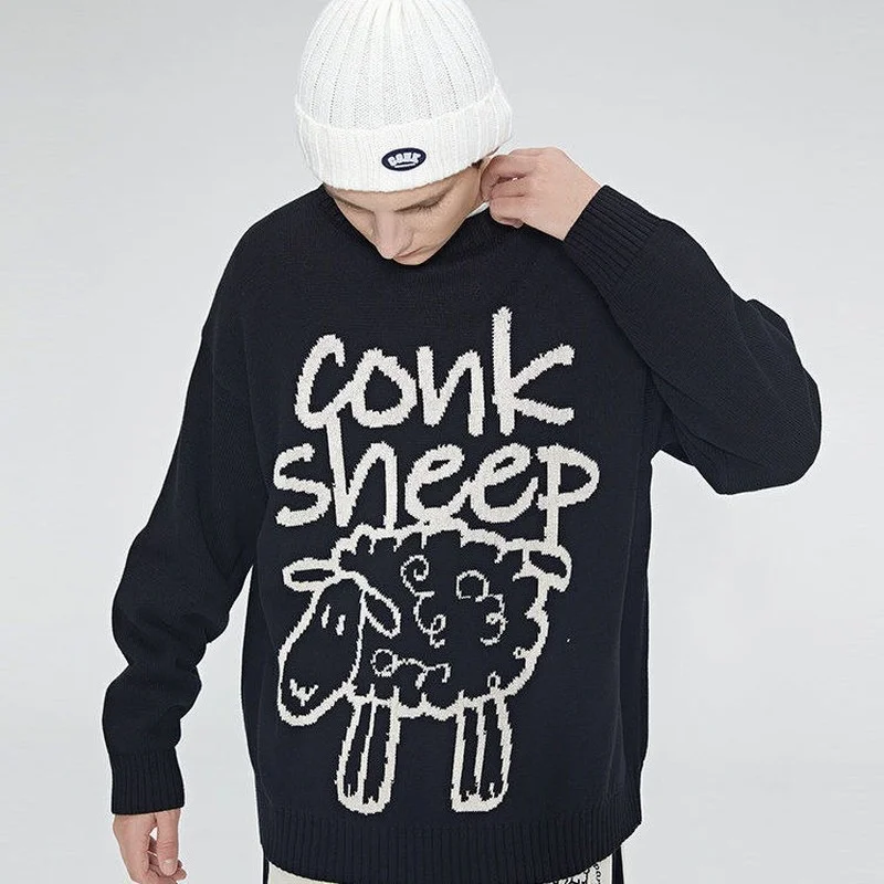 

Deeptown Kawaii Korean Style Sheep Black Print Sweater Women Harajuku Streetwear Blue Oversize Jumper Female Pullover Green Top