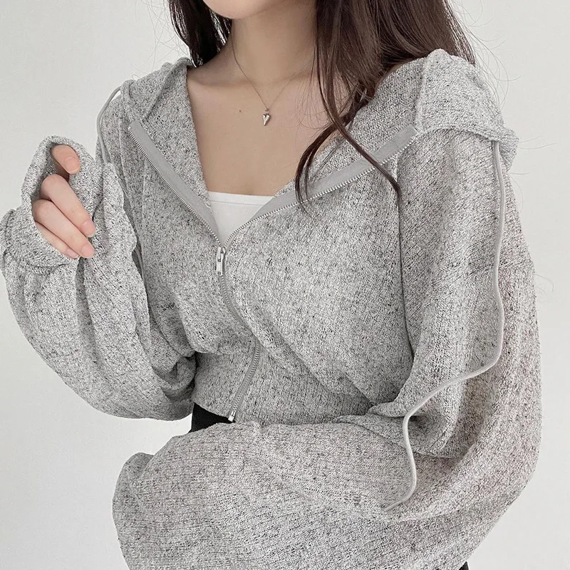 

2021 Grunge Casual Zipper Basic Short Pollovers Autumn Winter Long Sleeve Hoody Sweatshirts Hooded Streetwear Women Zip Up Coats