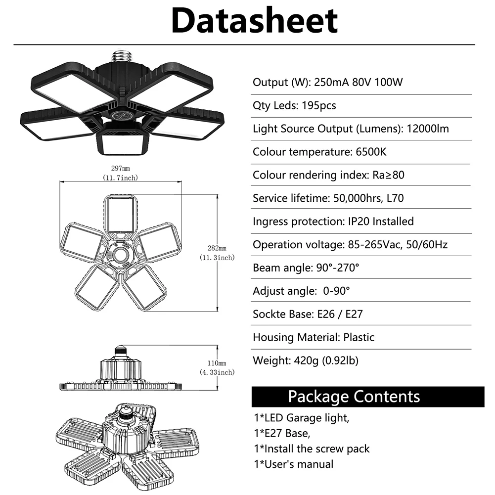 

DropshippingLED Garage Light LED High Bay Workshop Ceiling Light Warehouse Lighting Bulb 100W Adjustable 5 Leaf Lamp For Garage