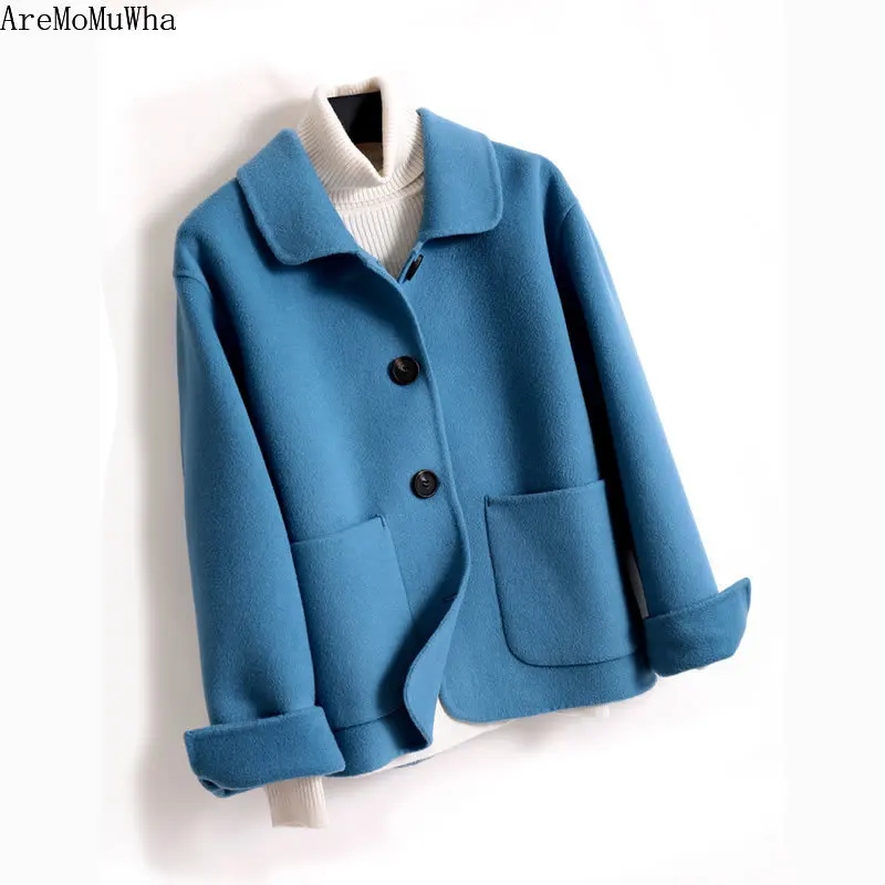 

Осень-зима 2021, новое двустороннее кашемировое пальто, пальто из 100%-ной шерсти, женские розовые пальто с короткими лацканами и куртки, Женско...