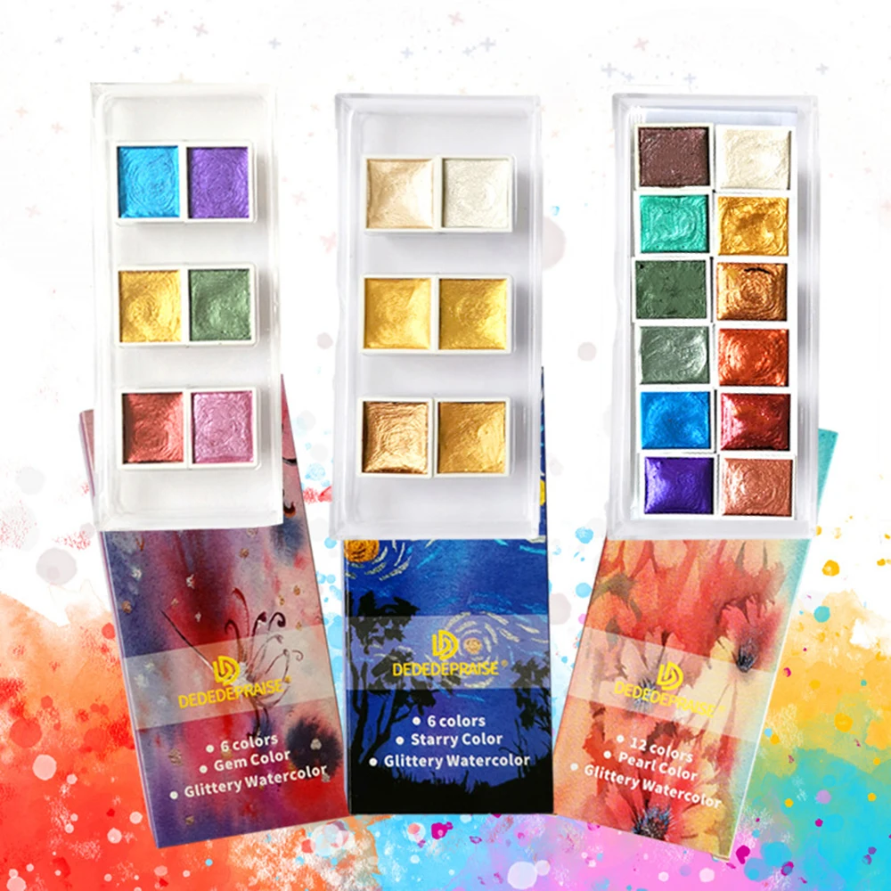 

6 Colors Solid Watercolor Paints Set Textured Pearlescent Pigment Metallic Glitter Suit Portable Art Supplies