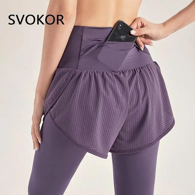 

SVOKOR Sport Leggings Women Pocket Fake Two Piece Fitness Legging Workout High Waist Sexy Activewear Femme Gym Pants Elastic