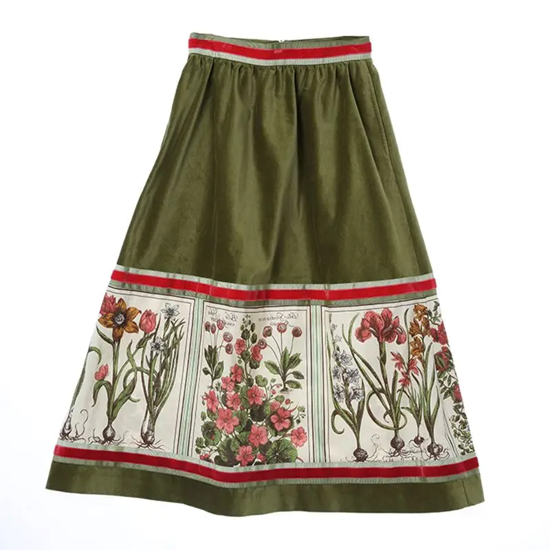 Женская бархатная юбка миди Cheerart зеленая длинная юбка-трапеция с завышенной