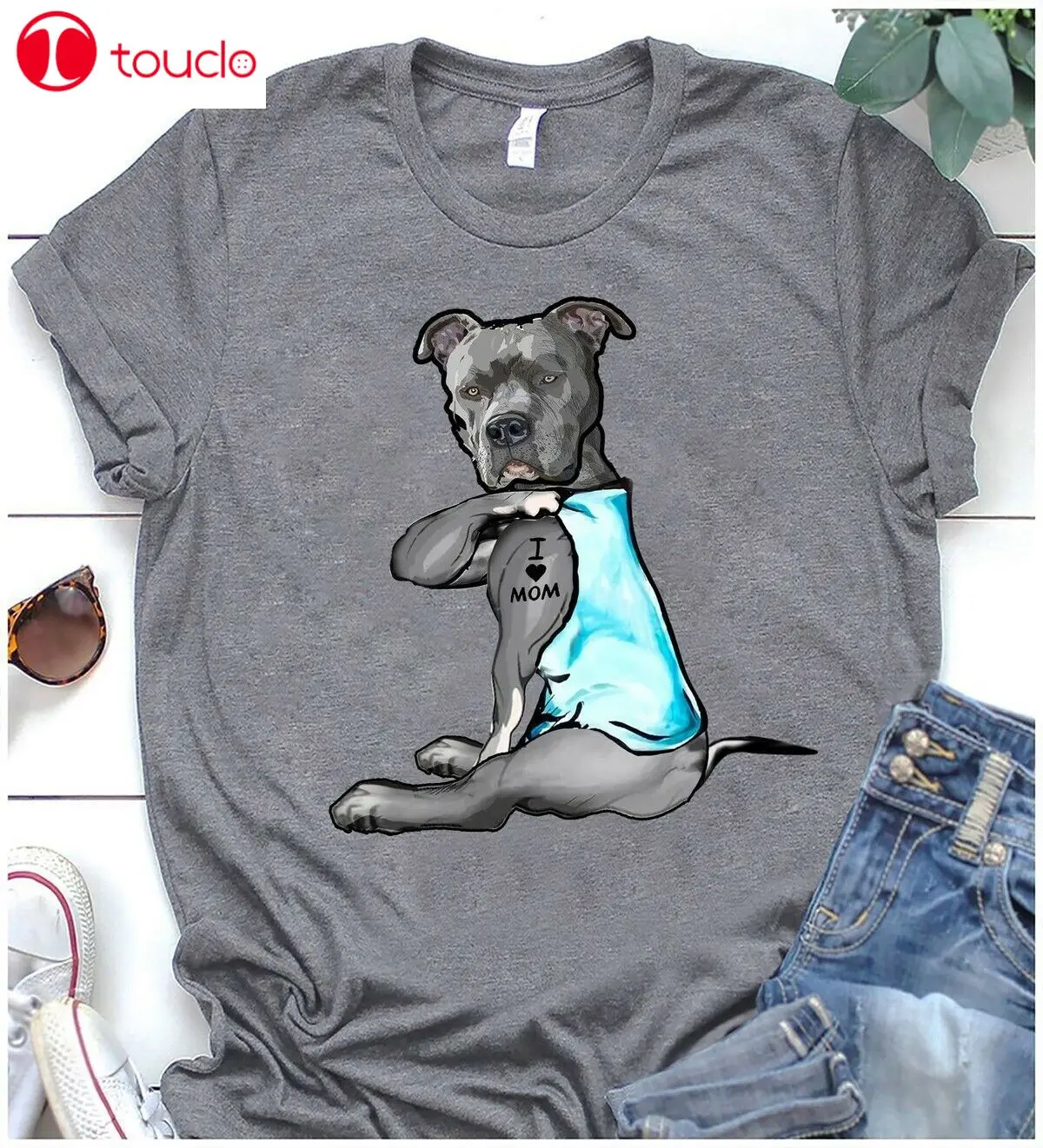 

Cute Pitbull Tatooed Dog I Love Mom Funny T-Shirt Unisex Women Men Tee Shirt