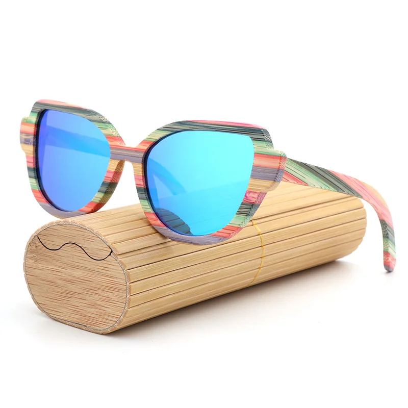 Ice blu - bamboo box Высококачественные модные женские поляризованные солнцезащитные очки с кошачьими глазами для женщин цветные деревянные солнцезащитные очки ручной работы с деревянной коробкой для очков - Цвет линз: Ice blu - bamboo box