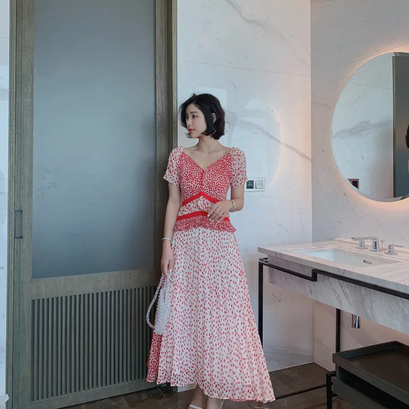 

Женское шифоновое платье в стиле пэчворк, элегантное привлекательное Плиссированное пляжное платье с V-образным вырезом, лето 2019