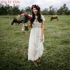 Романтическое свадебное платье из двух предметов, недорогое кружевное короткое платье Бохо до щиколотки с рукавами, с круглым вырезом, в стиле хиппи, 2020