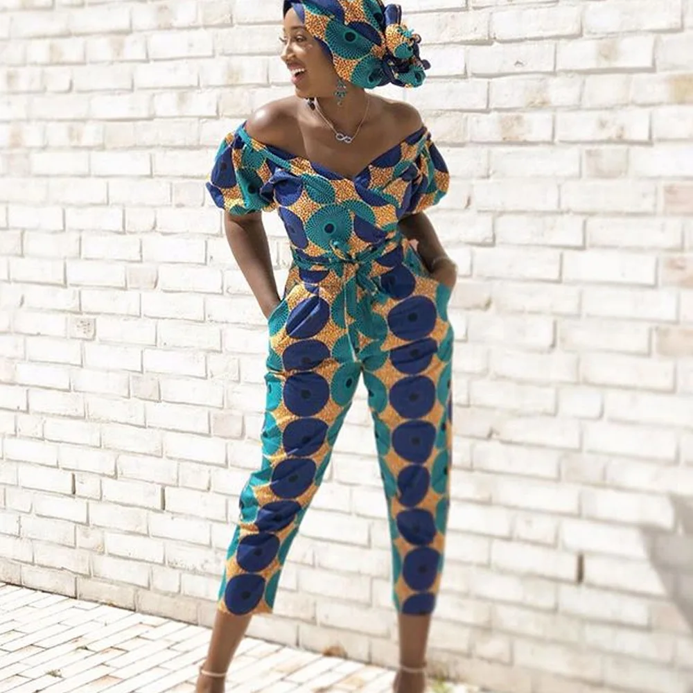 

Casual Jumpsuit Women Autumn 2020 African Clothes Print Nightclub Lantern Sleeve Off Shoulder with Belt Jumpsuit for Women