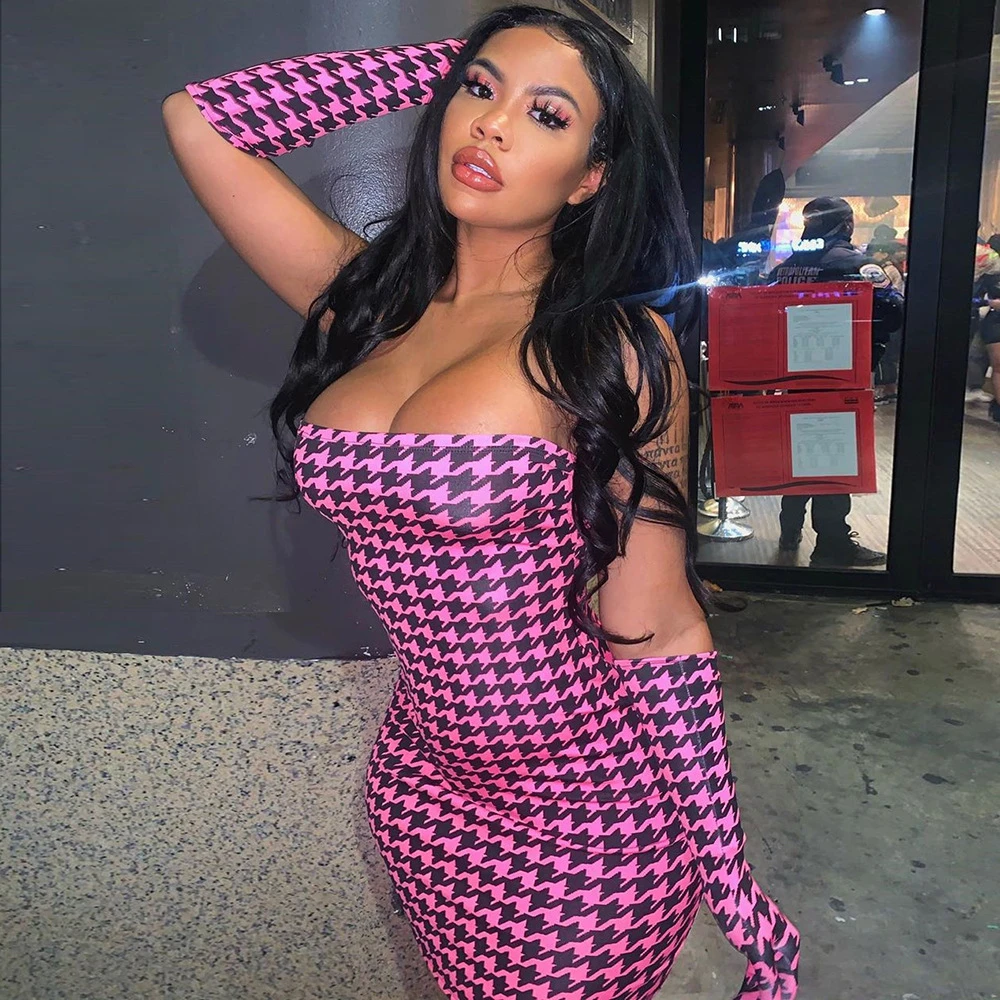 fashionable mono print wear gloves skinny mini dress 2019 sexy Strapless Tube top bodycon bar club outfit | Женская одежда