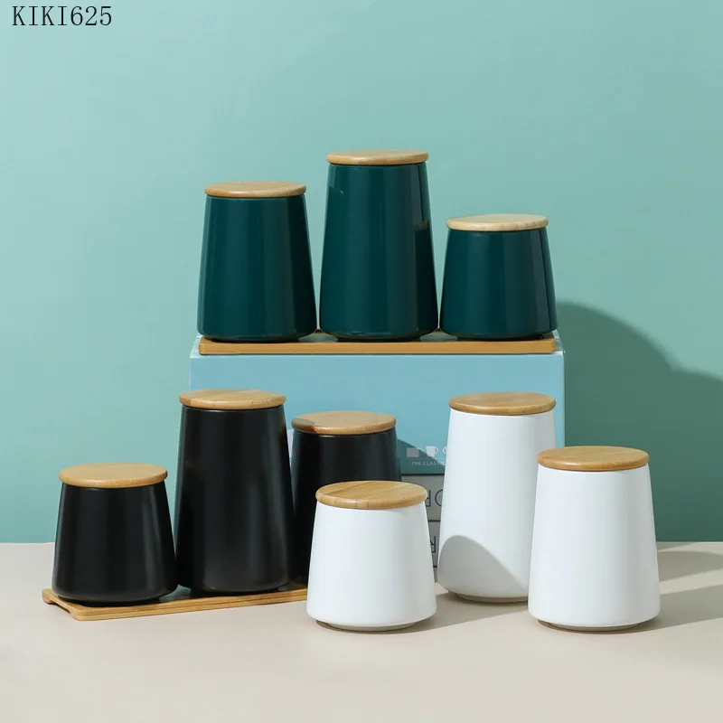 

Matte Ceramic Sealed Storage Jar with Wooden Lid Kitchen Storage Container Coffee Bean Candy Jar Cylindrical Tea Tin Porcelain