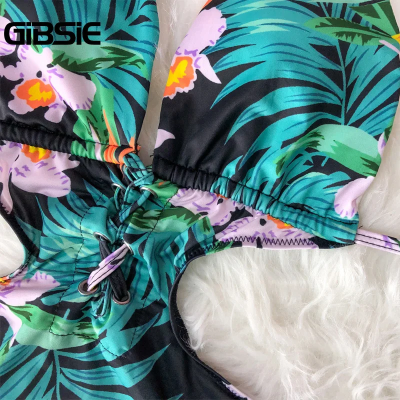 GIBSIE слитный купальник с тропическим принтом для Для женщин сексуальный глубокий