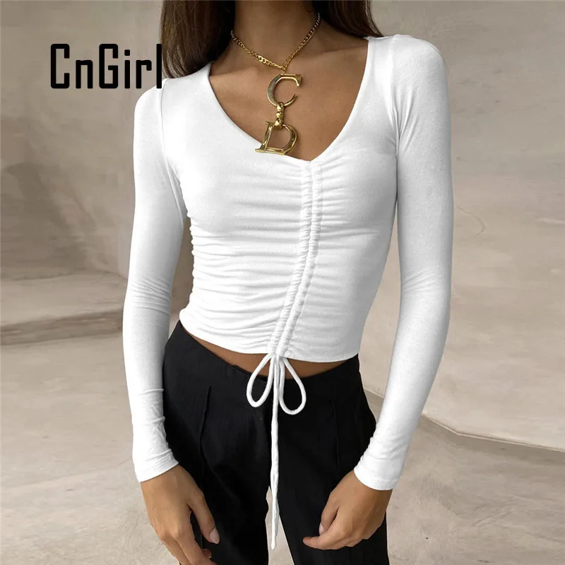 

Женский однотонный Белый Топ Cngirl с V-образным вырезом и длинным рукавом, с рюшами, на шнуровке, 2021, зимняя уличная одежда, топы, футболка, модн...
